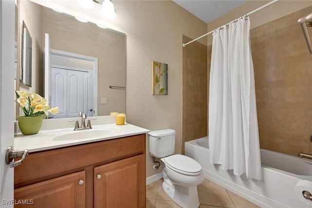 full bathroom featuring tile patterned flooring, vanity, toilet, and shower / bathtub combination with curtain