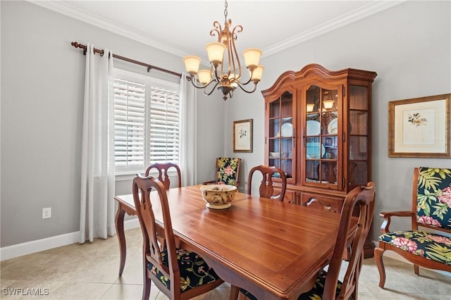 tiled dining area with ornamental molding and a chandelier