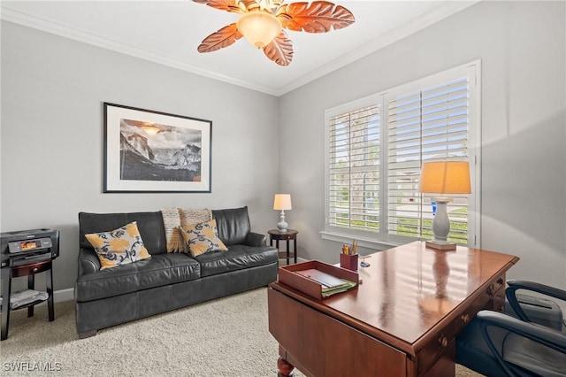 office with ceiling fan, crown molding, and carpet floors