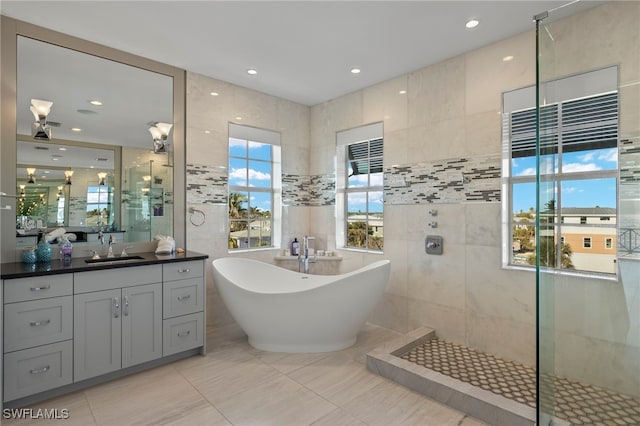 bathroom featuring vanity and plus walk in shower