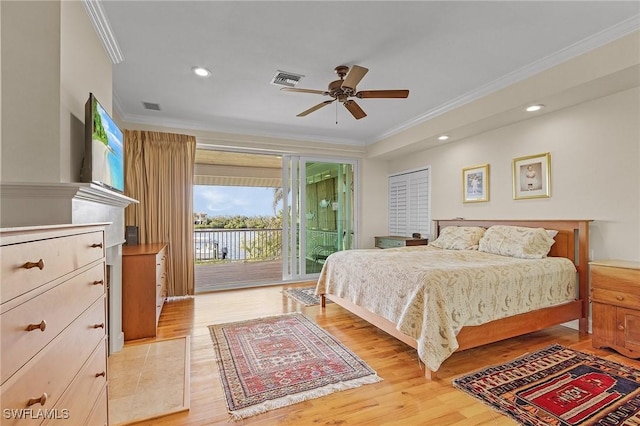 bedroom featuring access to exterior, light hardwood / wood-style flooring, ceiling fan, and ornamental molding