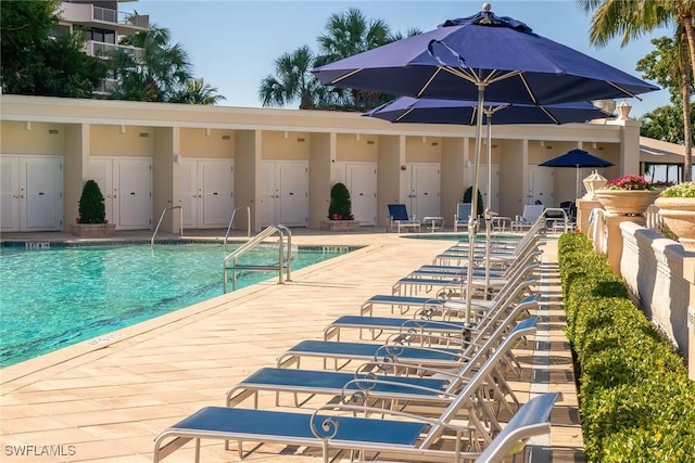 view of swimming pool with a patio area