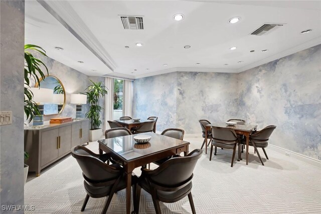 4021 Gulf Shore Blvd N Unit V-16, Naples, FL 34103 - dining area with recessed lighting, ornamental molding, wallpapered walls, light colored carpet, and baseboards
