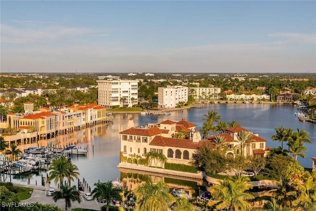 birds eye view of property featuring a water view