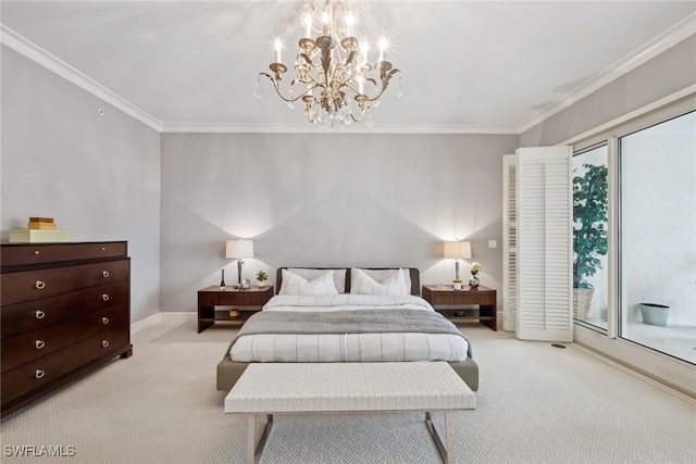 bedroom with light carpet, access to exterior, crown molding, and a chandelier