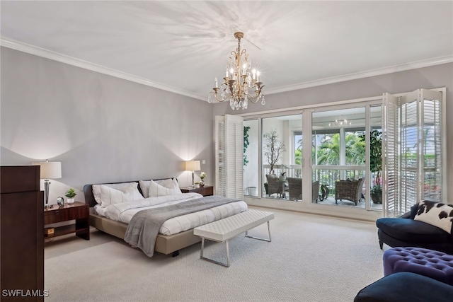 bedroom with crown molding, carpet flooring, and a chandelier