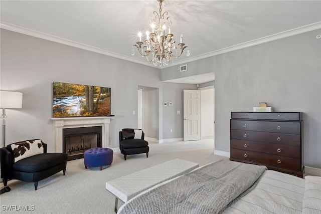 carpeted bedroom featuring ornamental molding and a notable chandelier