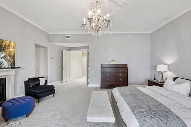 carpeted bedroom featuring ornamental molding and a notable chandelier