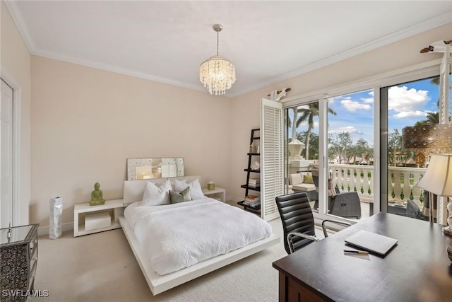 bedroom with an inviting chandelier, light colored carpet, and ornamental molding