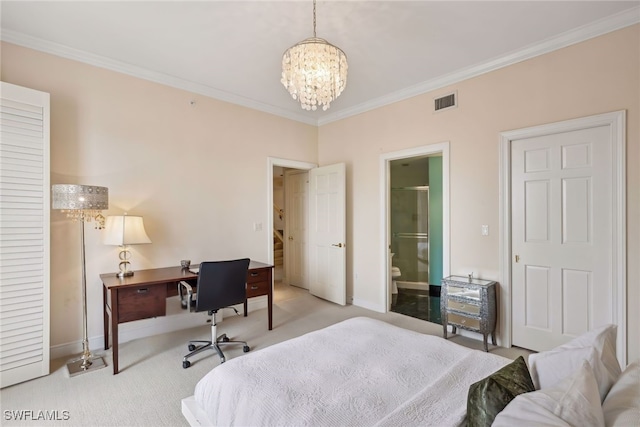 bedroom featuring light carpet, crown molding, ensuite bathroom, and an inviting chandelier