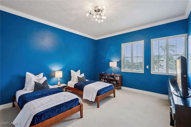 bedroom with ornamental molding, a chandelier, and carpet