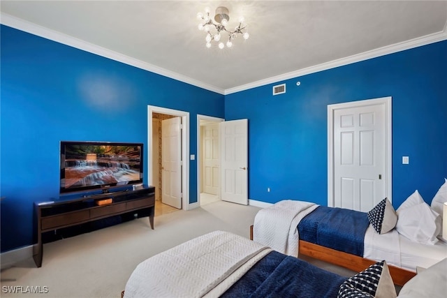 bedroom with ornamental molding, light carpet, and a chandelier