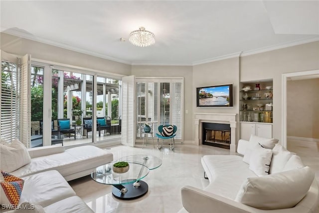 living room featuring ornamental molding and built in features