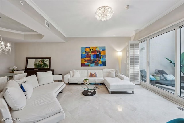 living room featuring an inviting chandelier and crown molding