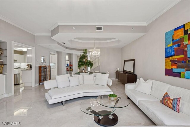 4021 Gulf Shore Blvd N Unit V-16, Naples, FL 34103 - living room with crown molding, a chandelier, and light marble finish flooring