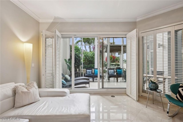 bedroom featuring access to exterior and crown molding