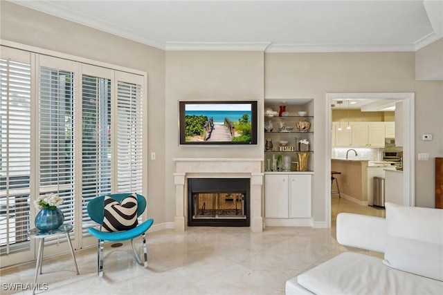 living room with sink and crown molding