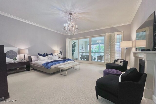 4021 Gulf Shore Blvd N Unit V-16, Naples, FL 34103 - bedroom featuring carpet flooring, a chandelier, crown molding, and a fireplace
