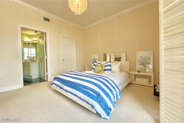 4021 Gulf Shore Blvd N Unit V-16, Naples, FL 34103 - carpeted bedroom featuring ornamental molding, baseboards, ensuite bath, and a chandelier