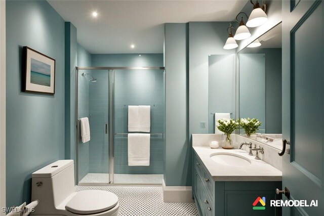 4021 Gulf Shore Blvd N Unit V-16, Naples, FL 34103 - bathroom with toilet, vanity, a shower stall, and tile patterned floors