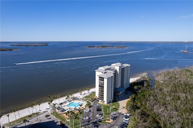 drone / aerial view featuring a water view