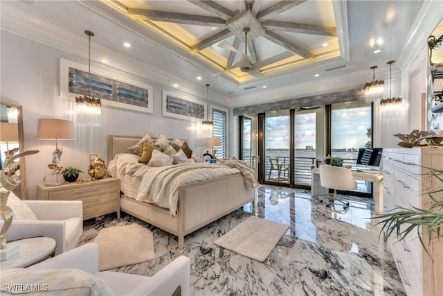 bedroom with beam ceiling, access to exterior, coffered ceiling, and ornamental molding