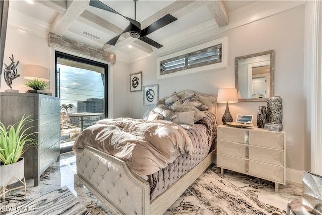 bedroom with ceiling fan, beamed ceiling, and coffered ceiling