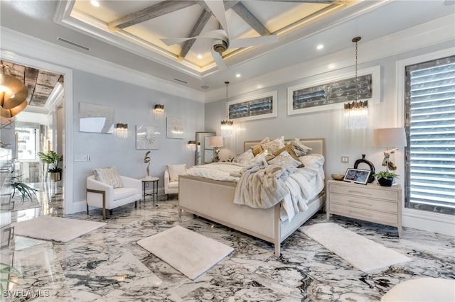 bedroom with ceiling fan, ornamental molding, beam ceiling, and coffered ceiling