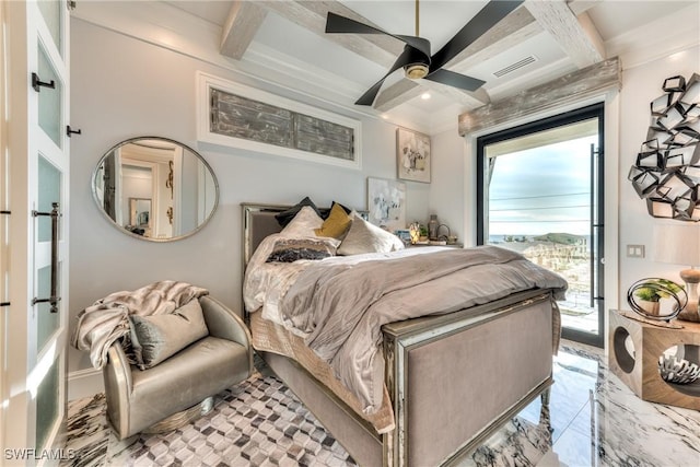 bedroom with ceiling fan, access to exterior, beam ceiling, and coffered ceiling