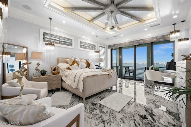 bedroom with visible vents, crown molding, recessed lighting, access to exterior, and coffered ceiling