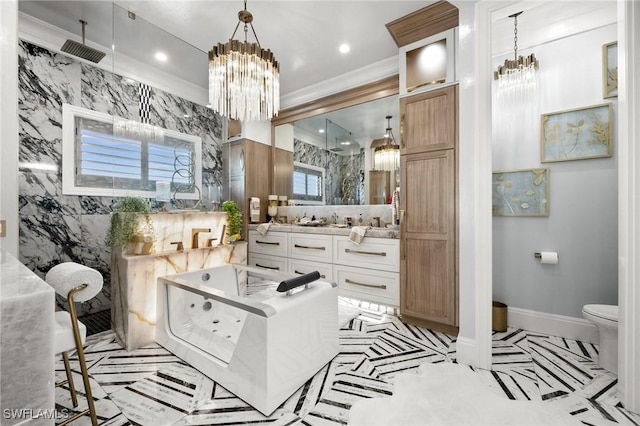 full bath featuring a marble finish shower, a whirlpool tub, a notable chandelier, and vanity