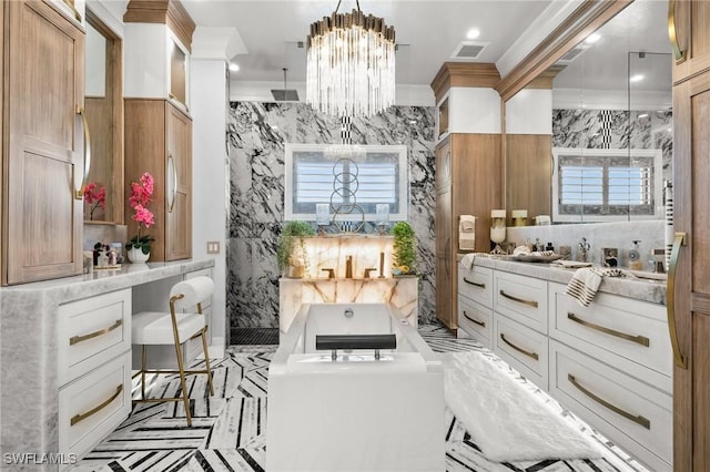 bathroom featuring vanity, a notable chandelier, ornamental molding, a marble finish shower, and visible vents