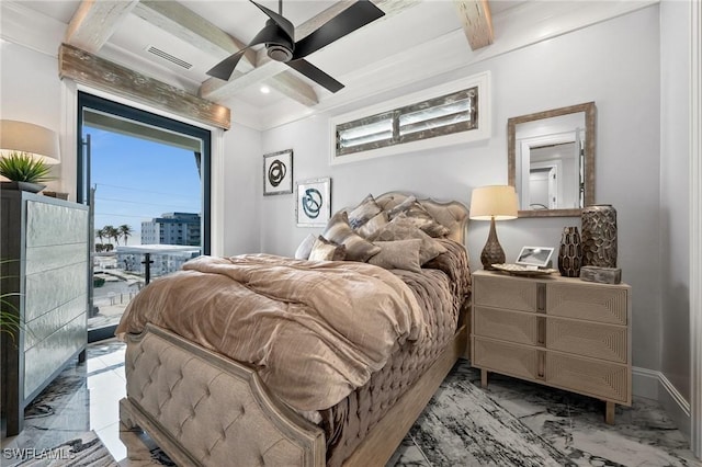 bedroom featuring beam ceiling, access to outside, marble finish floor, and visible vents