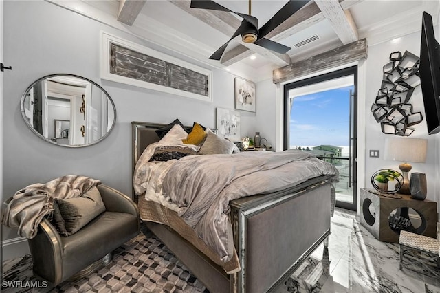 bedroom with visible vents, marble finish floor, beamed ceiling, and a ceiling fan
