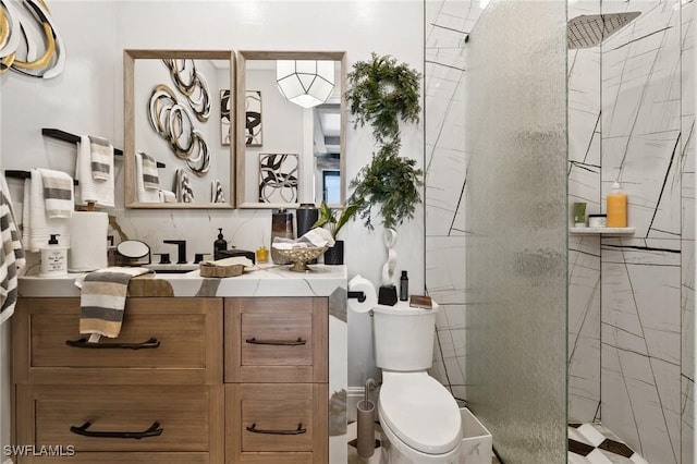 full bathroom featuring toilet, backsplash, walk in shower, and vanity