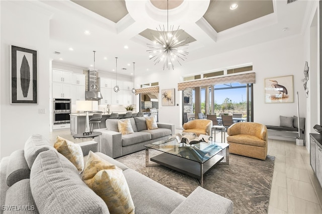 living room featuring ornamental molding, coffered ceiling, sink, beam ceiling, and a notable chandelier