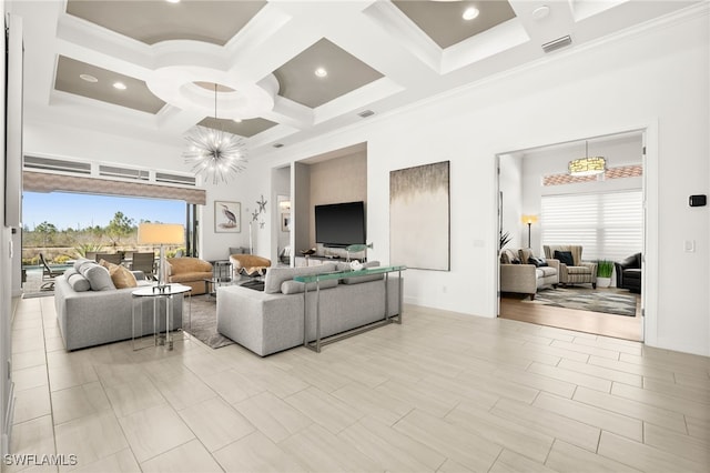 living room featuring a notable chandelier, coffered ceiling, and ornamental molding