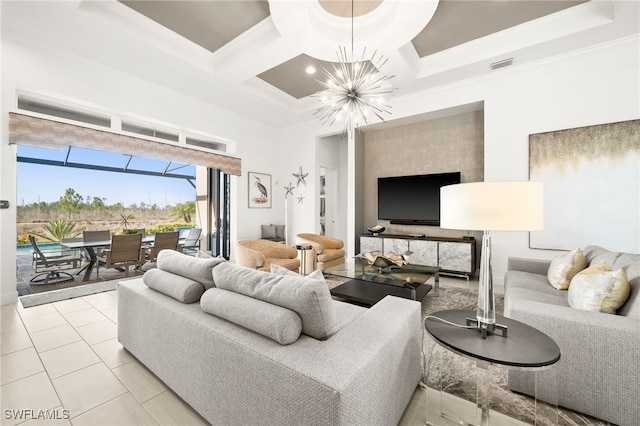 living room featuring ornamental molding, coffered ceiling, light tile patterned floors, an inviting chandelier, and beamed ceiling