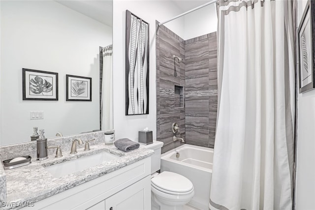 full bathroom with vanity, toilet, and shower / bathtub combination with curtain