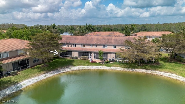 drone / aerial view featuring a water view