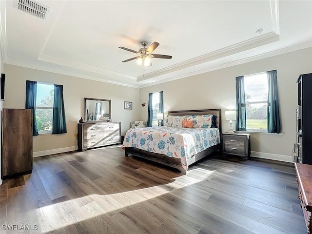 bedroom with a tray ceiling, multiple windows, ceiling fan, and hardwood / wood-style floors