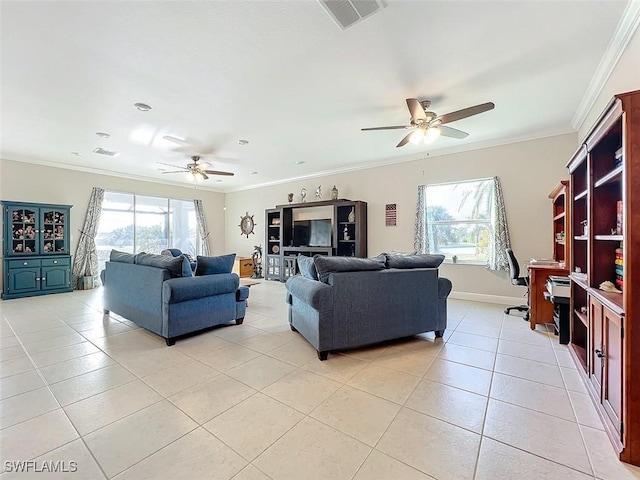 tiled living room with ceiling fan and ornamental molding