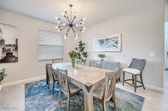 tiled dining area with an inviting chandelier