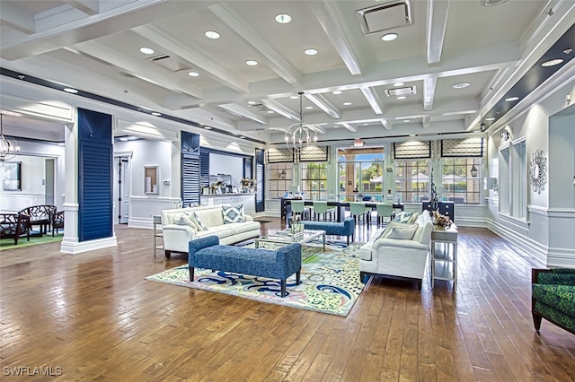 3101 E Windsor Dr, Alva, FL 33920 - living room featuring a chandelier, wood-type flooring, beamed ceiling, coffered ceiling, and recessed lighting