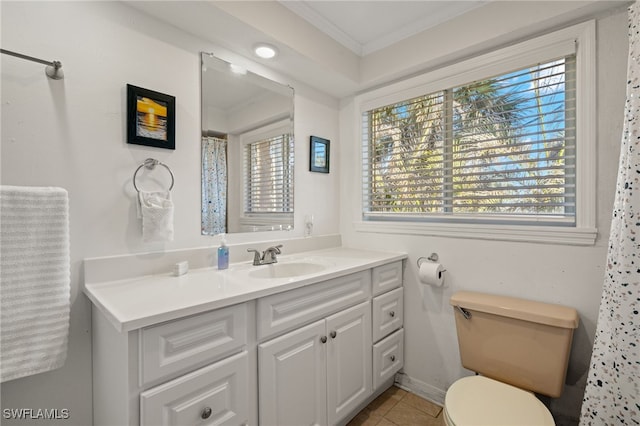 201 Miramar St, Fort Myers Beach, FL 33931 - bathroom with tile patterned floors, ornamental molding, toilet, vanity, and curtained shower