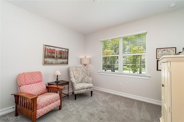 living area featuring light carpet