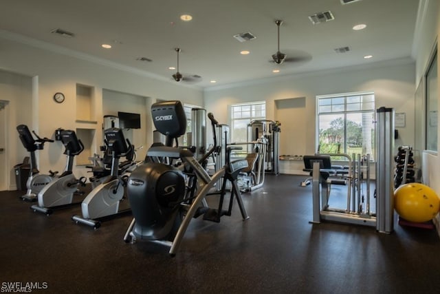 workout area featuring ceiling fan and ornamental molding