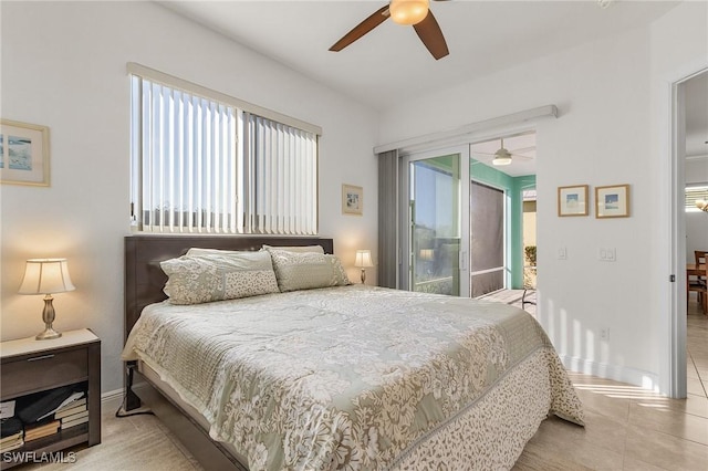 bedroom featuring access to outside and ceiling fan