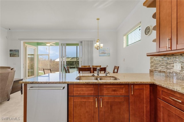 kitchen featuring light stone countertops, sink, stainless steel dishwasher, kitchen peninsula, and decorative backsplash