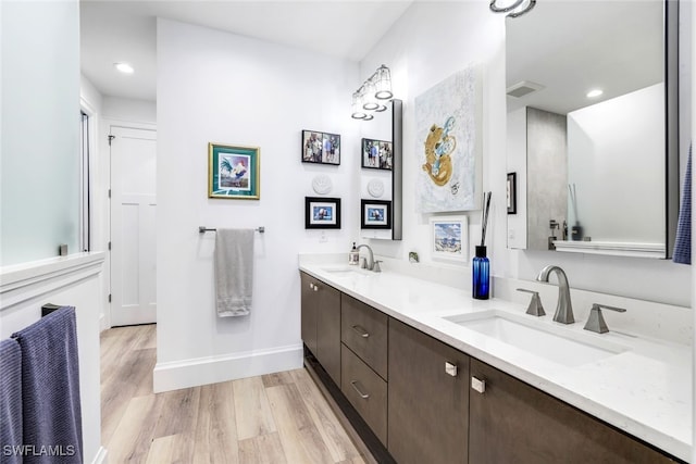 bathroom with wood-type flooring and vanity